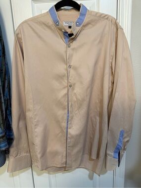 Valenti Italy Men’s Beige Mandarin Collar Dress Shirt Contrast Trim Size 3 Large